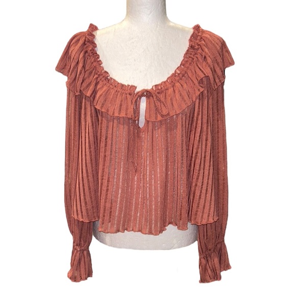 LN Anthropologie Long-Sleeve Sheer Striped Off Shoulder Cropped Top in Rose - S - Picture 6 of 16
